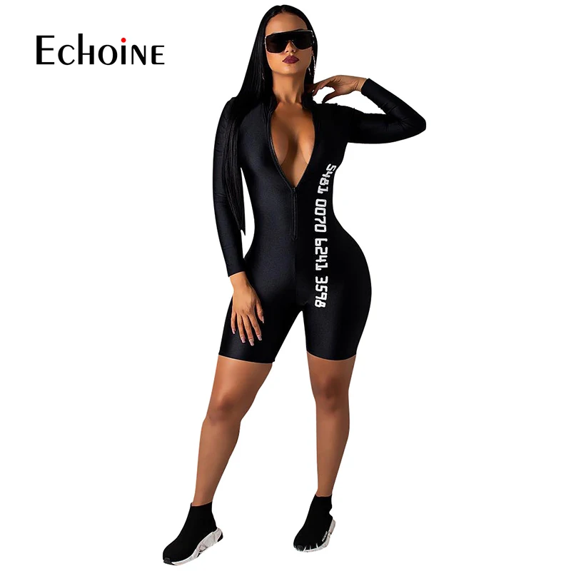 الجبهة زيبر مثير بذلة ارتداءها عارضة إلكتروني المطبوعة وزرة للنساء عالية الشارع كامل كم حزب السائق الرياضة Playsuit