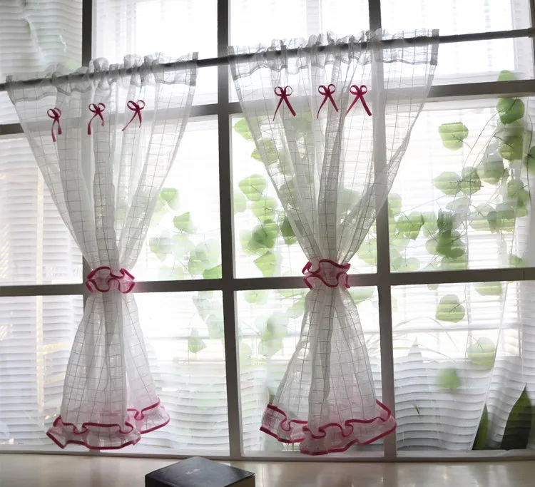 2pcs Customizable Short Tulle Curtain with Ties Pastoral Kitchen Curtains Small Sheer Curtain Drapes for Cabinet/Balcony/Window