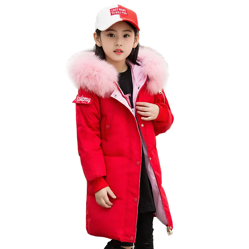 

Girl's Fashion Thick Keep Warm Long Letter Printing White Duck Down Coats Jackets With Hooded Children Kids Pockets Outwear New