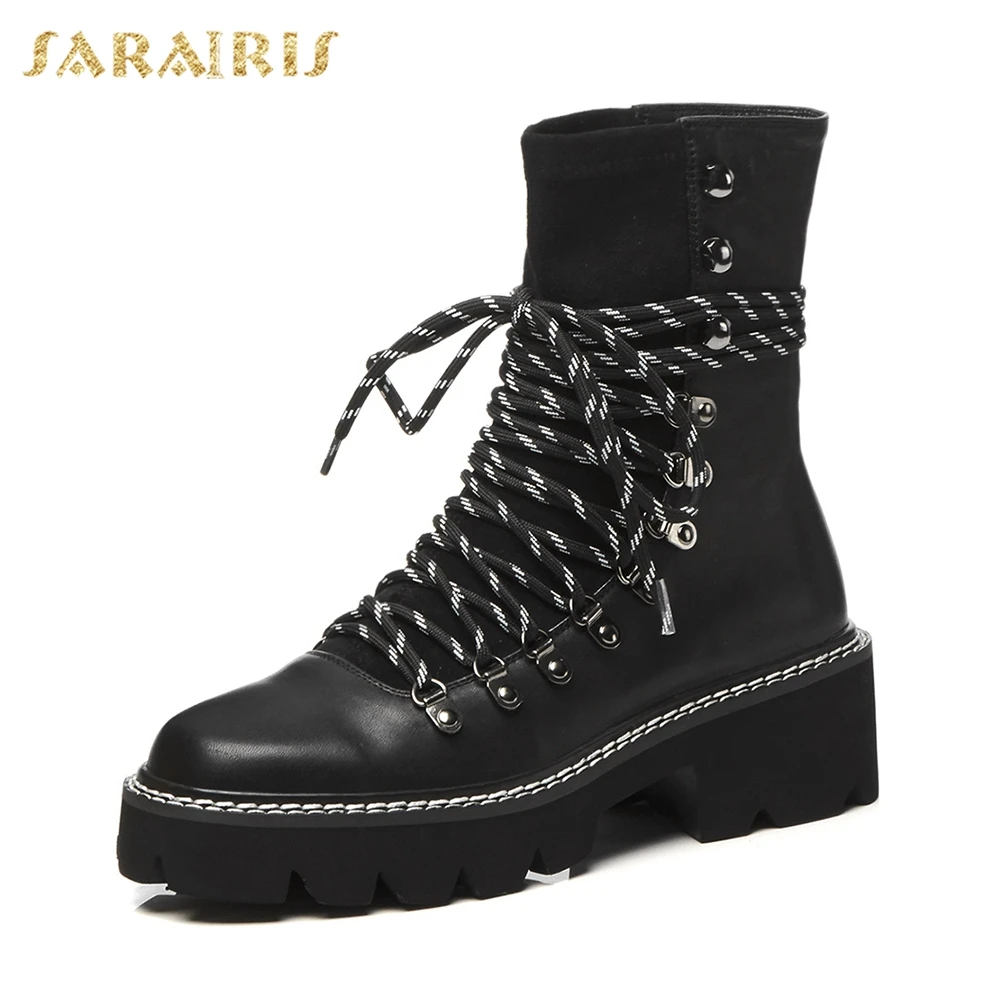 

Sarairis 2019 New Patchwork Genuine Leather Booties Women 2019 Autumn Brand non-slip lace-up Ankle Boots Shoes Woman