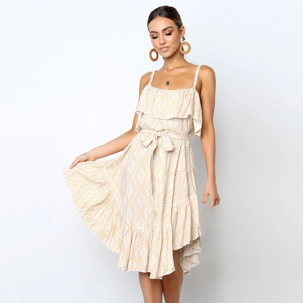 Women Dress Women Sexy Printing Ruffles Off Shoulder Sleeveless Dress Princess Dress Women Summer Sexy Lace Strap Dress