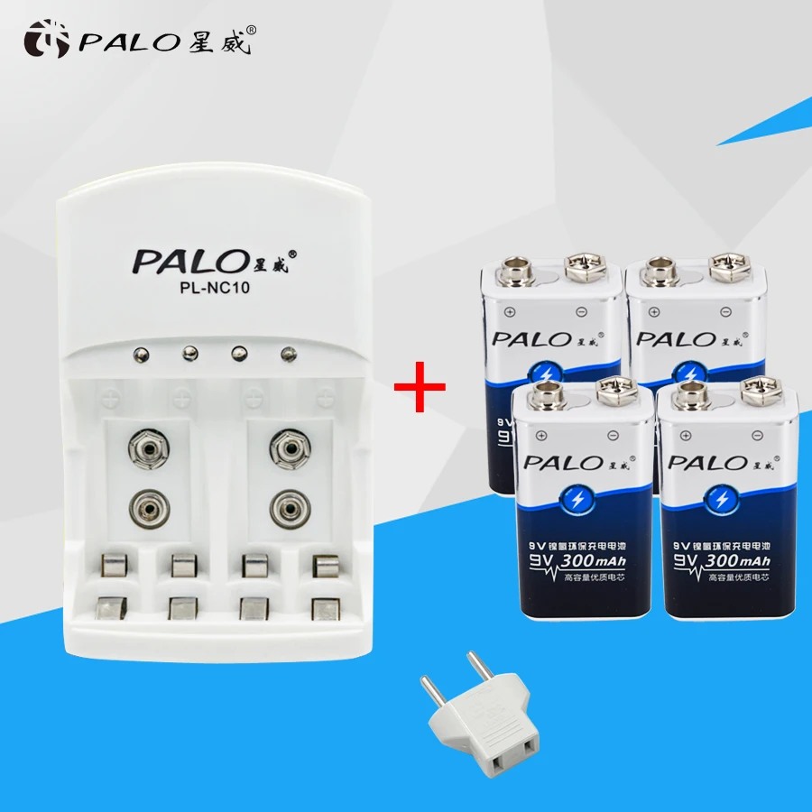 

Palo 4 Slots 1.2v AA AAA 9v 6F22 Battery Charger With LED Indicator + 4 pcs 9V Nimh 300mah Rechargeable Batteries