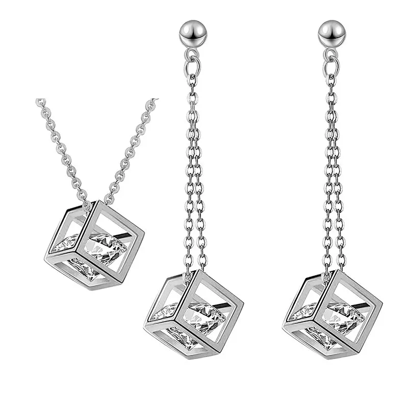 Новейшая мода кубики ювелирные изделия наборы Серебро Золото Цвет AAA кубический циркон ожерелье и серьги набор украшений для женщин подарок подруге - Окраска металла: Посеребренный