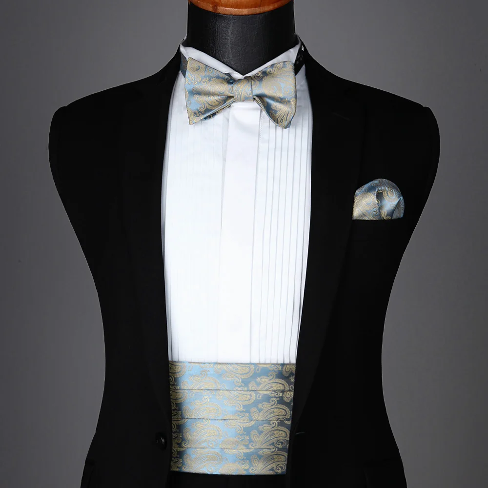 Men/'s Woven Formal Paisley Flower Cummerbund Self Bow Tie /& Pocket Square Set