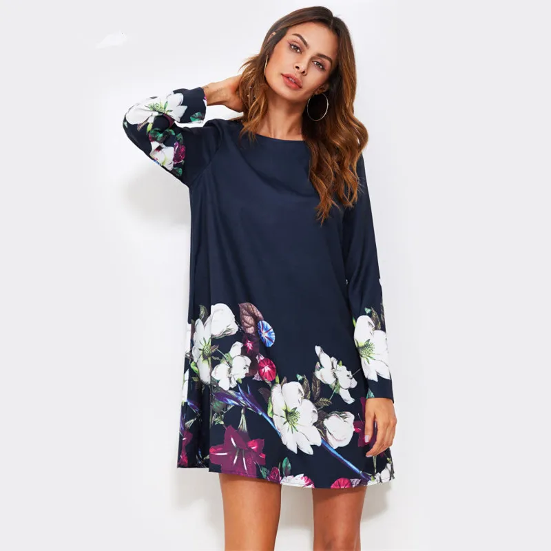 Fall Dress Flower Print Flowy Dress Navy Boat Neck Long Sleeve A Line Dress Autumn 2018 Casual