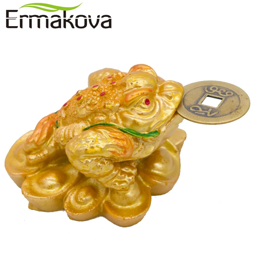 

ERMAKOVA Mini Feng Shui Three Legged Money Frog Fortune Lucky Toad with Chinese Coin Resin Craft Golden Color Home Decoration