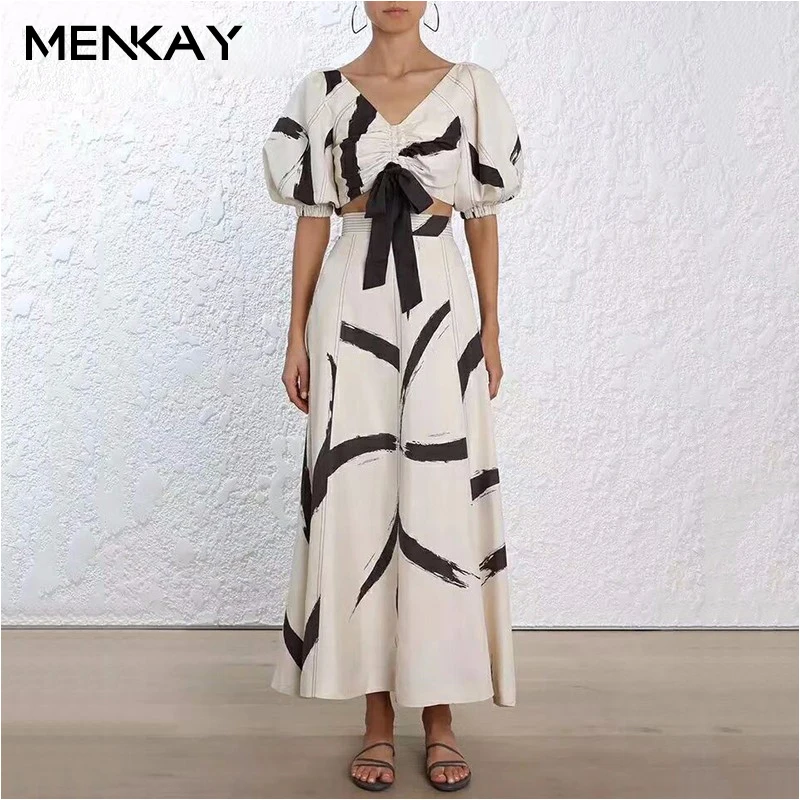 

[MENKAY] Print Two Piece Suit Female V Neck Lace Up Lantern Sleeve Pullover Top High Waist Zipper Ruched Long Skirts 2018
