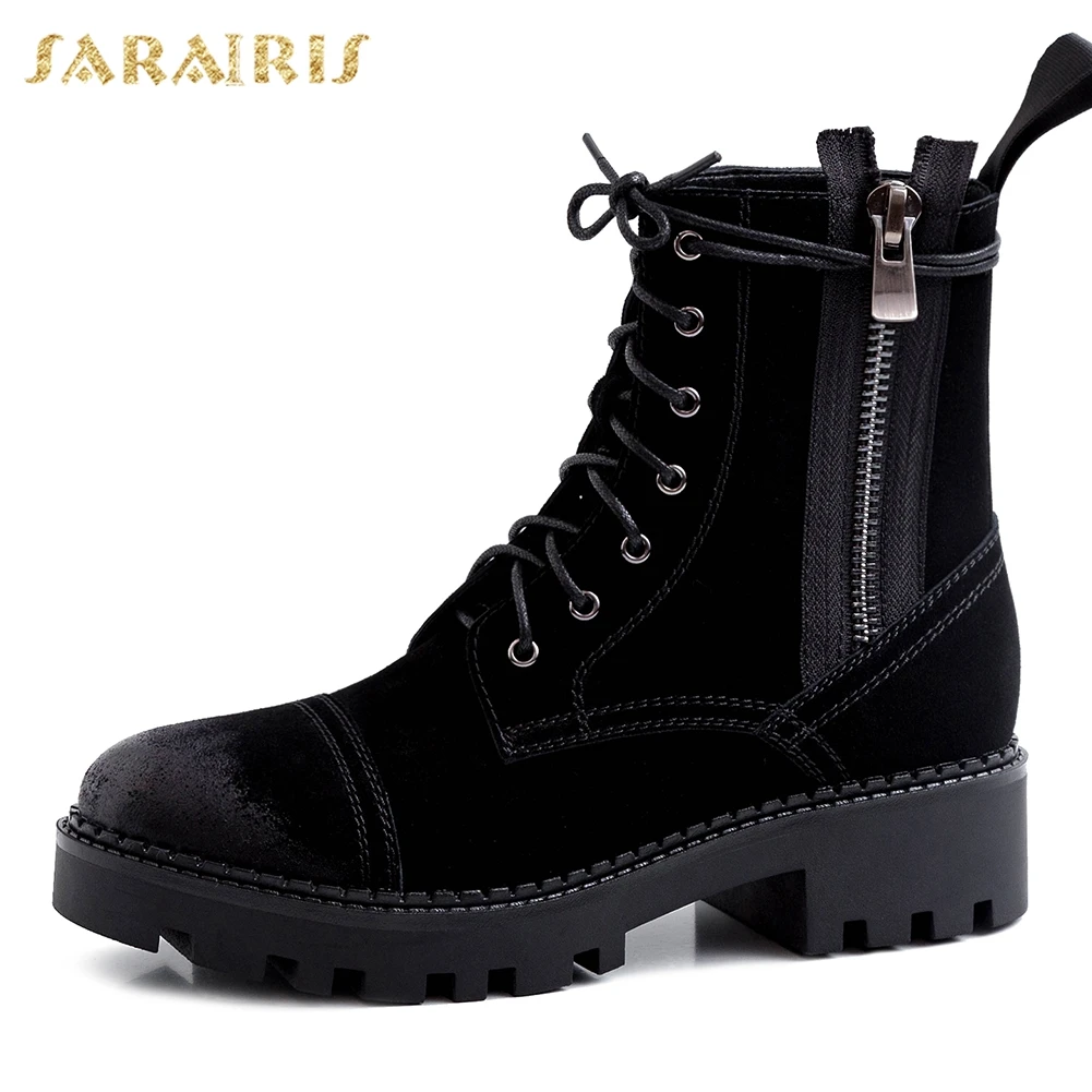 

Sarairis Luxury Brand Genuine Cow Leather Summer Boots Woman Shoes Lace Up Chunky Heels Comfortable Shoes Woman Boots Female