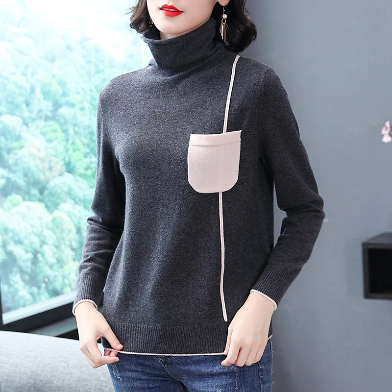 Tricots Longues Poche Femmes Automne Col Laine Haut Pull Nouvelles Mode Blue D'hiver À Casual Chemises grey Manches 3L54RjAq