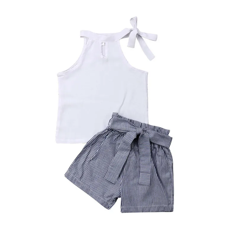 

Fashion Baby Kids Girls Outfits 2Pcs Sleeveless Halter Lace-up White Vest Tops Striped Bow Belt Shorts 2Pcs Girl Clothes 2-7Y