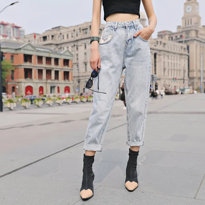 Klacwaya женские модные Джинсы бойфренда 2019 женские пэчворк с высокой талией джинсовые брюки для мам тонкие корейские девочки уличная одежда
