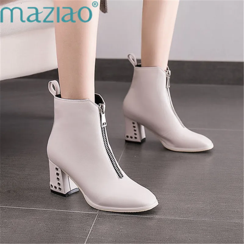 

Leather Footwear New Arrival Ankle Boots Shoes Women's Winter Boots Square Toe High Heels Party Shoes MAZIAO