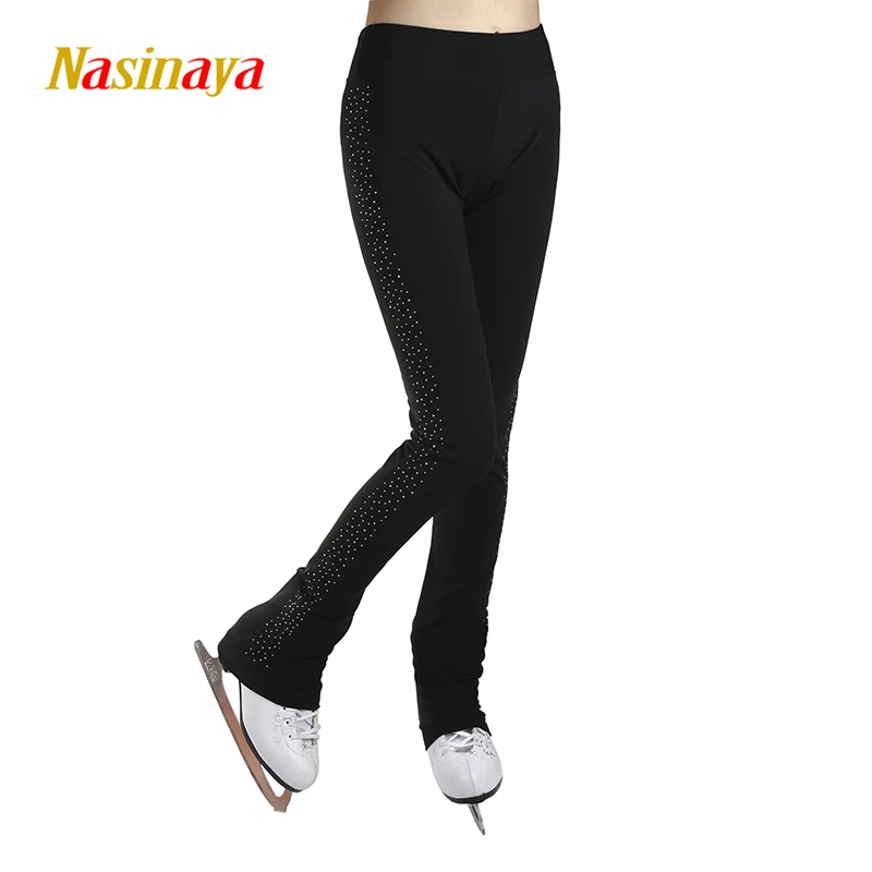 Figure Skating Costume Gymnastics Pants Adult Kids Competition Black Performance Pants Left Leg Rhinestones