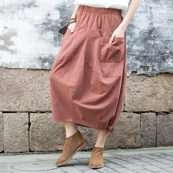 

Vintage Retro Harajuku Hippie Boho Bohemian Casual Roupas Femininas Jupe Cotton Linen Elastic Waist Loose Women Spring Skirt