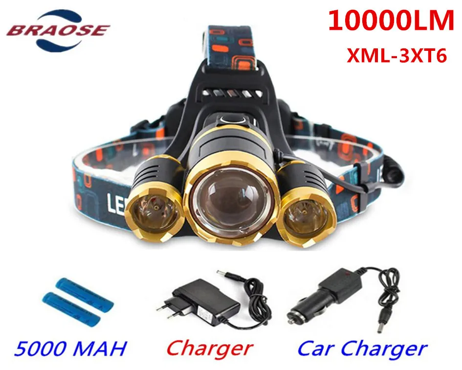 10000 Lumen CREE 3XT6 LED Adjust Focus Headlamp Headlight Caming Hunting HeadLight Lamp 4 Modes+18650 Battery+ AC/Car Charger | Освещение