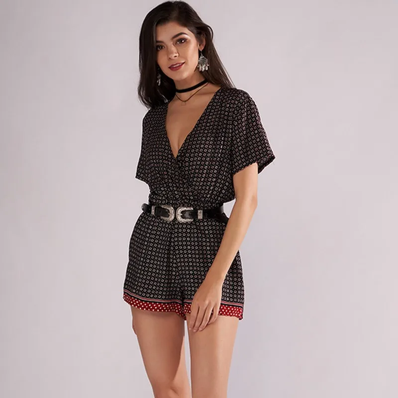 2019 New Summer Bohemian Sexy Overalls for Women V-neck Print Short-sleeved Bodysuit Women Fashion Loose Female Body for Women