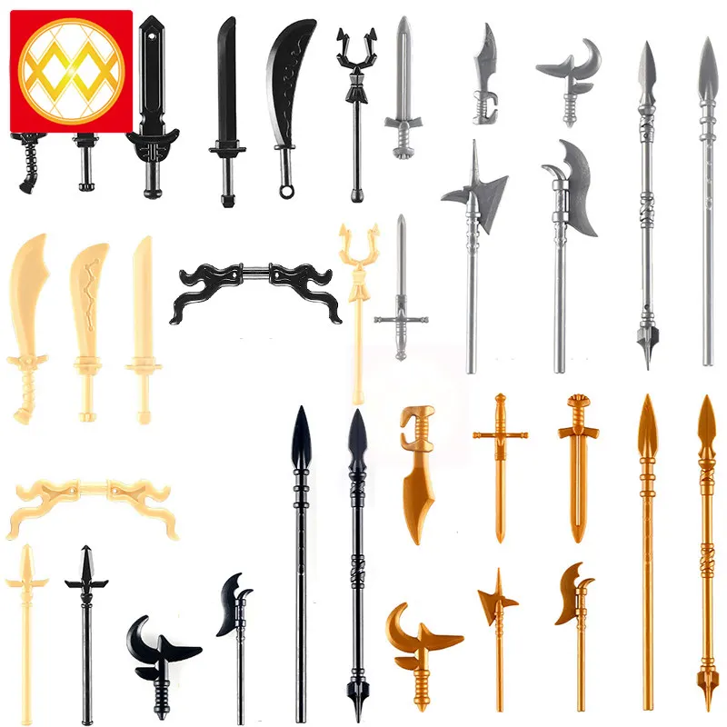 

10 PCS/LOT Medieval Weapon Bow Hand Axe Scimitar Cross Knight Sword Spear Soldier Accessories Building Blocks Toys For Children