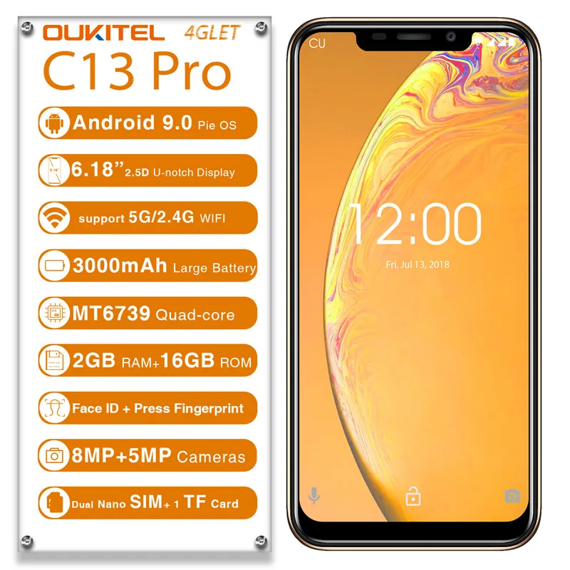 Смартфон Oukitel C13 Pro 5G/2,4G 2 ГБ 16 ГБ Android 9,0 3000 мАч 8MP+ 5MP Face ID MT6739 четырехъядерный отпечаток пальца 4G LTE мобильный телефон