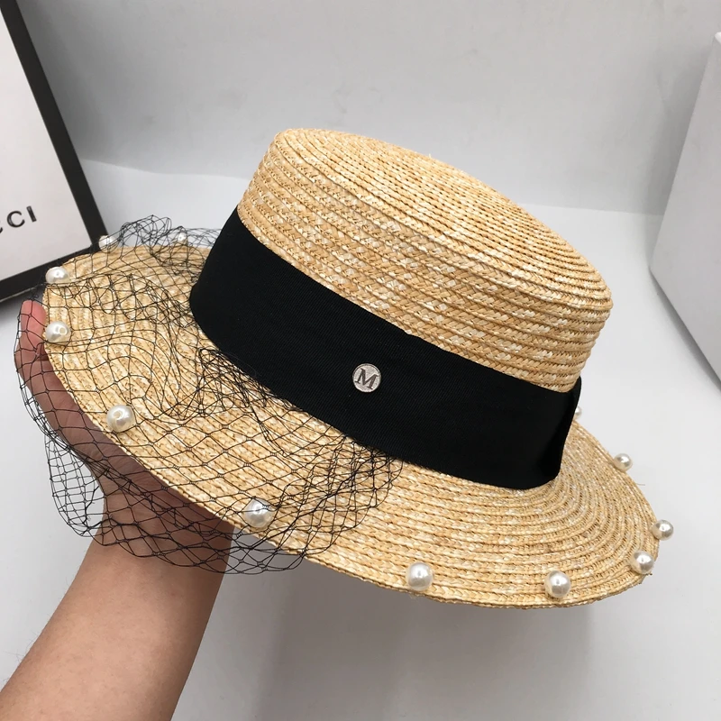 Spring summer new net yarn pearl beach sunscreen during large flat straw brim hat letters bonnet sun | Аксессуары для одежды