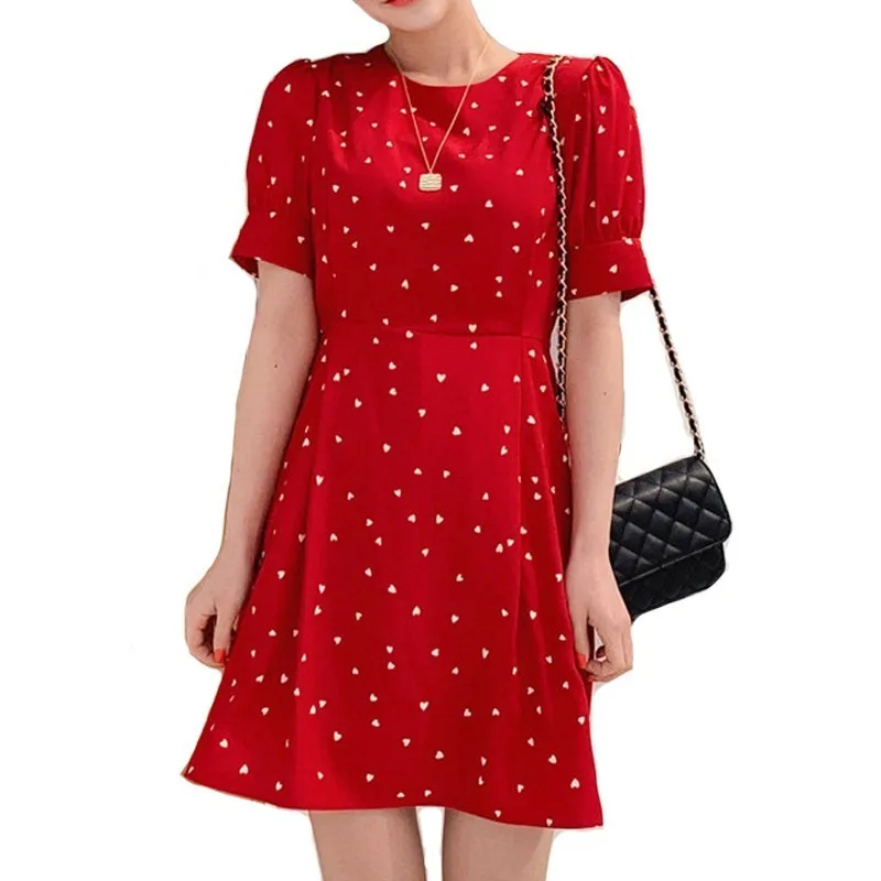 

2019 Summer chic Mini Dress Love heart Printing Korean Slim Party Dress Back Bow Smocks Women Vestidos