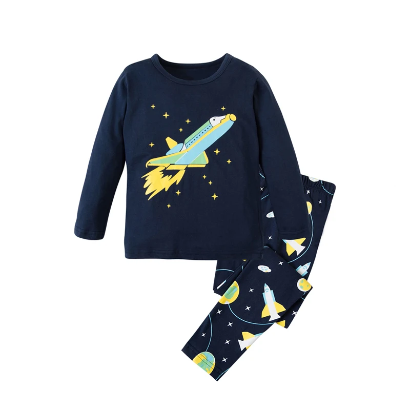 Брендовая Новинка, детский хлопковый набор пижам пижамы с длинным рукавом и вышитыми космическими ракетами детская пижама с единорогом, одежда для маленьких девочек