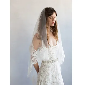 

2 Layers Appliques edge Wedding Veils Bridal Veils Ivory White Tulle Veil with comb velos de novia 2019 Voile Mariage Courte