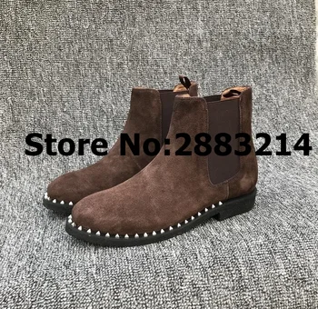 

Slip-on Rivets Embellished Men Suede High Top Ankle Boots Brown Black Round Toe Casual Chelsea Boots Shoes Flats Leisure Shoes