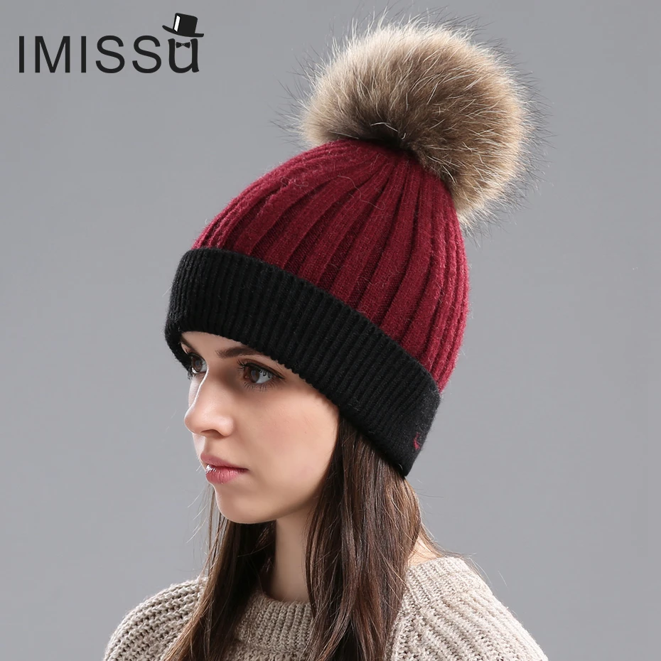

IMISSU Women's Winter Hats Knitted Real Wool Beanies Caps Raccoon Fur Pom Pom Hat Female Casual Outdoor Warm Thick Skullies