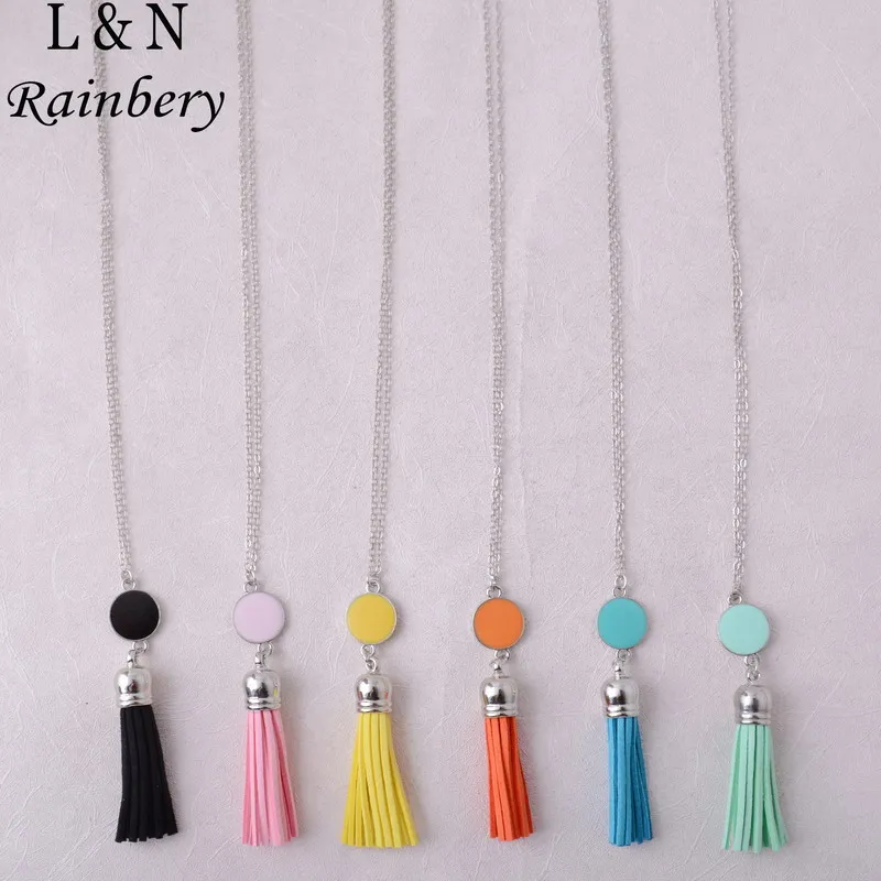 

Rainbery Personalized Initial Monogram Enamel Disc Velvet Tassel Long Chain Pendant Necklaces for Custom Women Jewelry JN0959