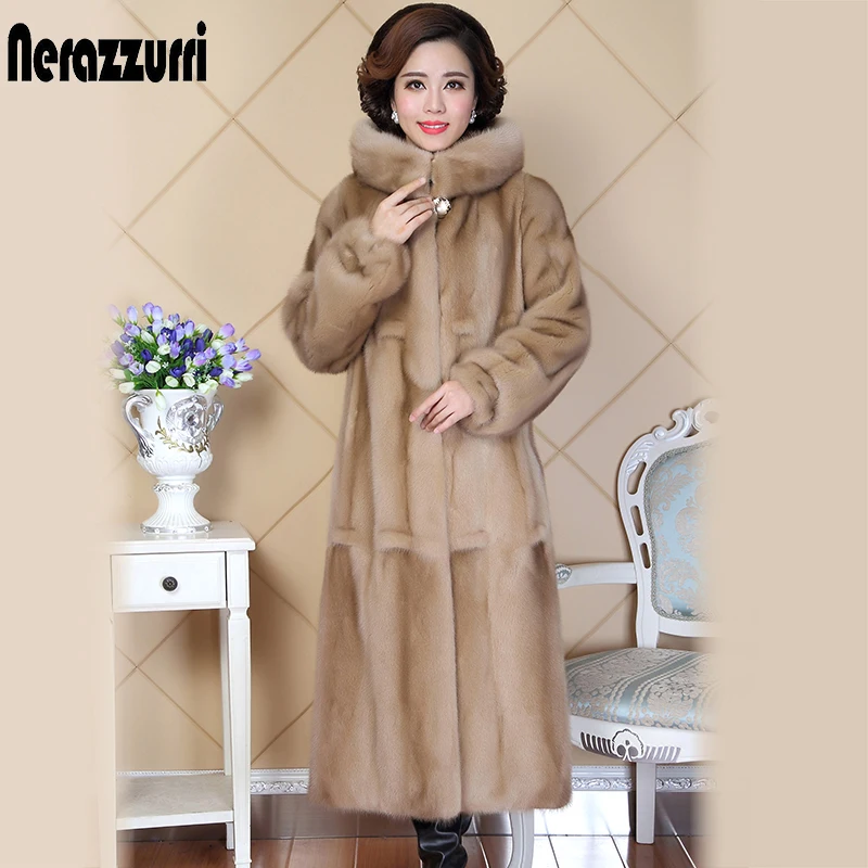 Nerazzurri/высококачественное пальто из натурального меха норки для женщин с длинным рукавом из Китая, плотное теплое роскошное длинное пальто с капюшоном из натуральной норки норковая шуба натуральный мех шуба норка