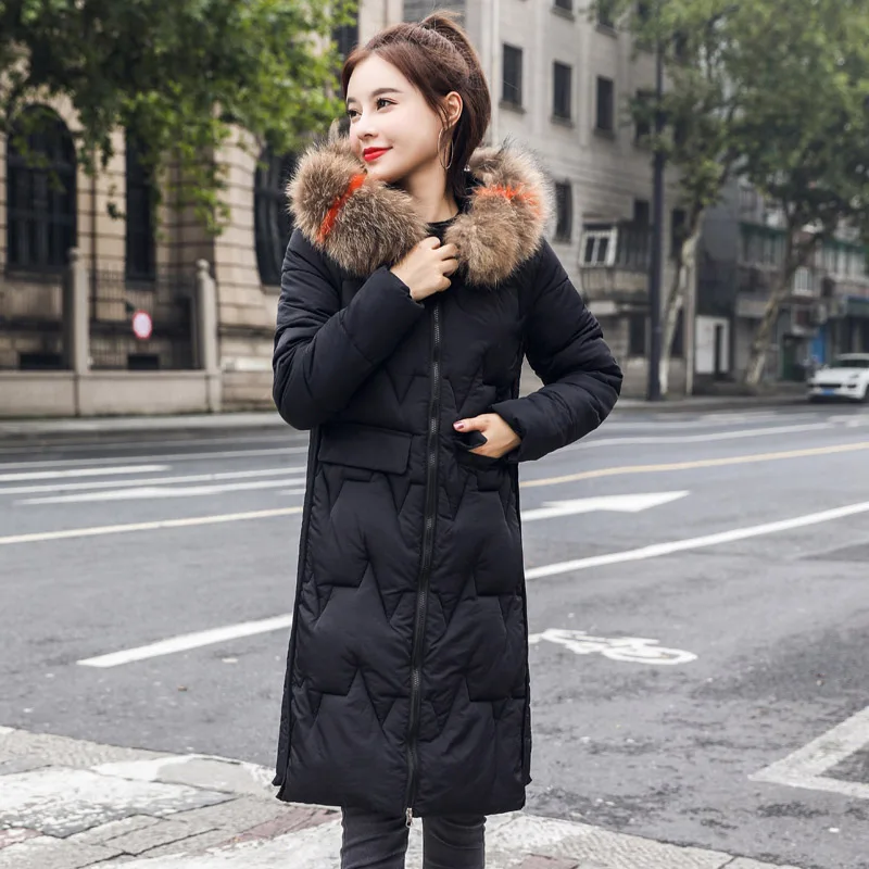 Высокое качество горячая Распродажа зимняя куртка Женская Стеганая верхняя одежда длинное пальто с капюшоном с мехом теплая Женская парка - Цвет: Черный