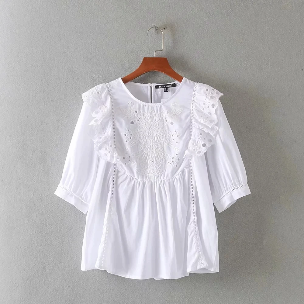

Hollowing Embroidery Ruffle Women White Shirt Casual Lantern Sleeve Blouse Summer Loose Tops Feminina Chemise S5363