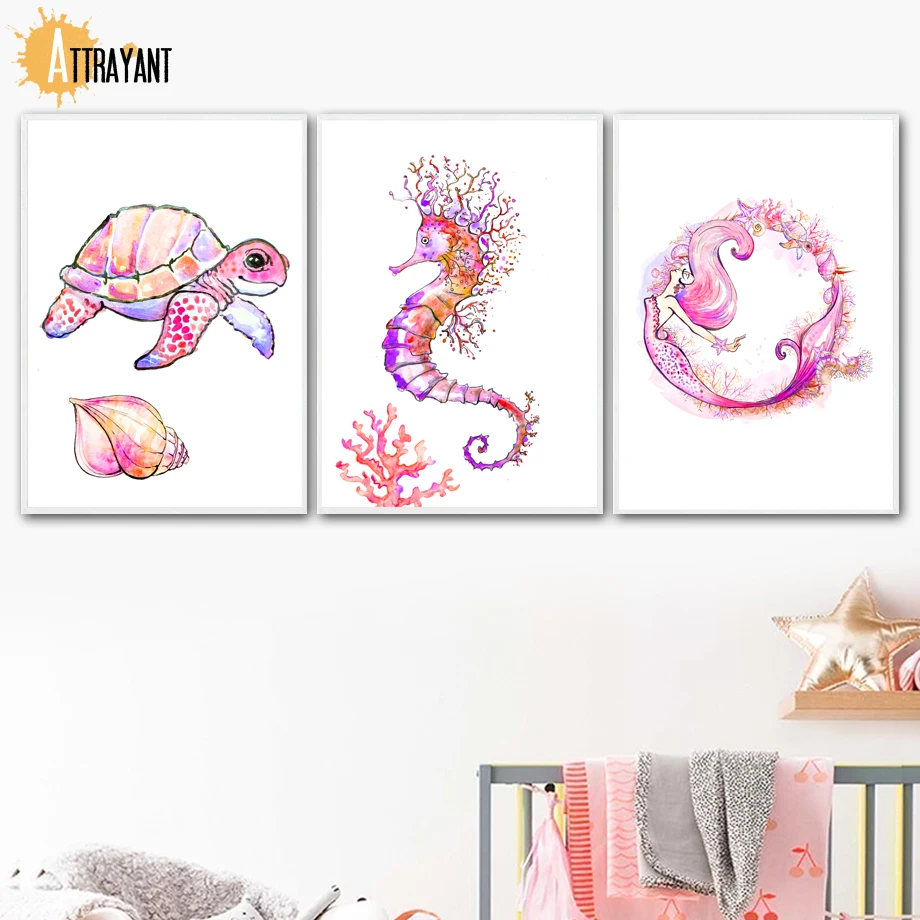 

Watercolor Sea Turtle Mermaid Wall Art Canvas Painting Nordic Posters And Prints Animal Wall Pictures Kids Boy Girl Room Decor