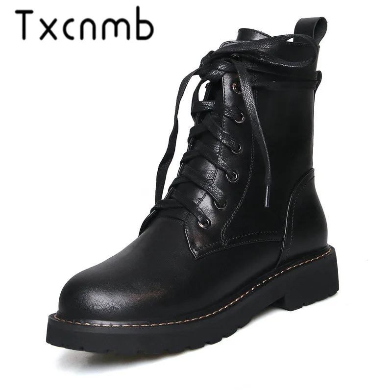 

TXCNMB Top Quality Genuine Leather Boots Female Solid Pointed Toe Low Heels Boots Woman Spring Autumn Ankle Boots Size 34-42
