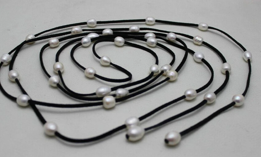 

ddh003374 96INCH Black Leather long necklace 36beads white Freshwater pearl 10x12mm