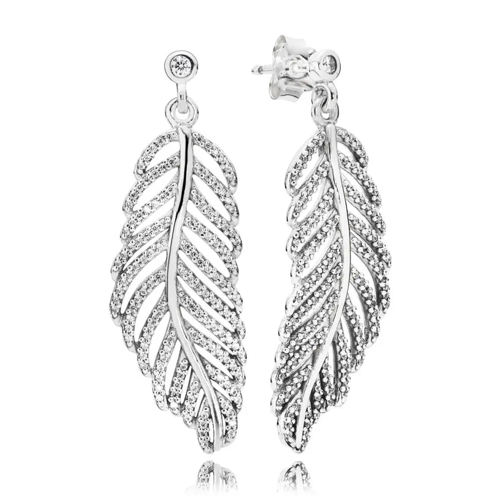

925 Sterling Silver Women Hollow Feather Crystal Stud Earring Set Women Wedding Party Jewely Luxury Gifts