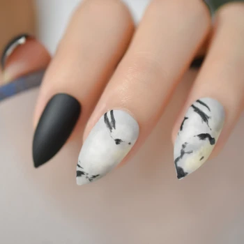 

Nostalgic Color Design Marbling Pattern Sharp End False Nails Stiletto Easy to Wear 24pcs Press On DIY Matte Marble Nails