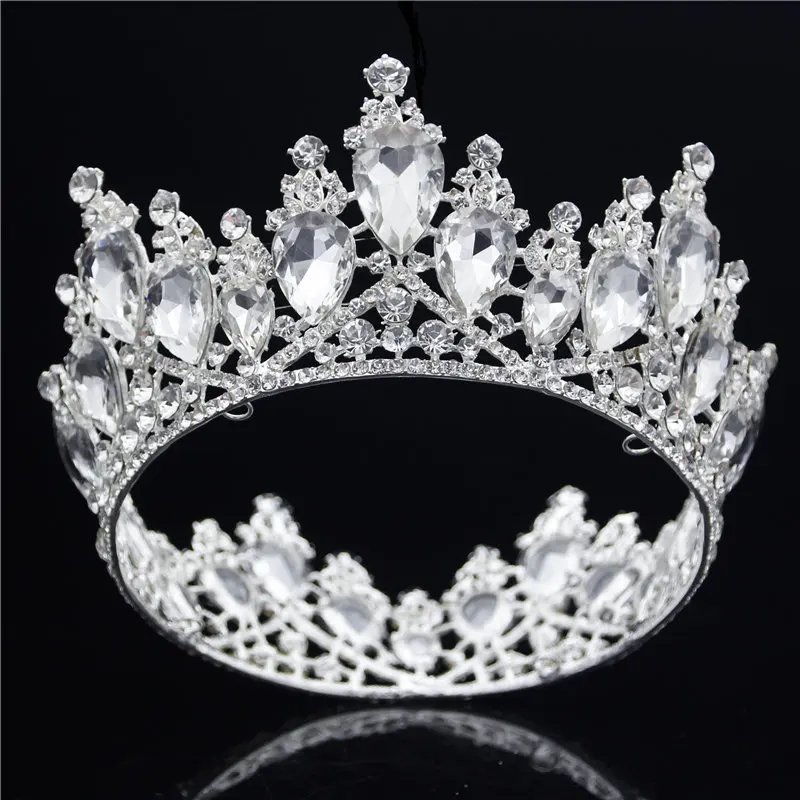 Барокко Золотая Корона невесты Королева Король большая корона тиара Выпускной свадебная диадема украшения для волос тиары и повязка в виде короны украшения для волос - Окраска металла: Silver White