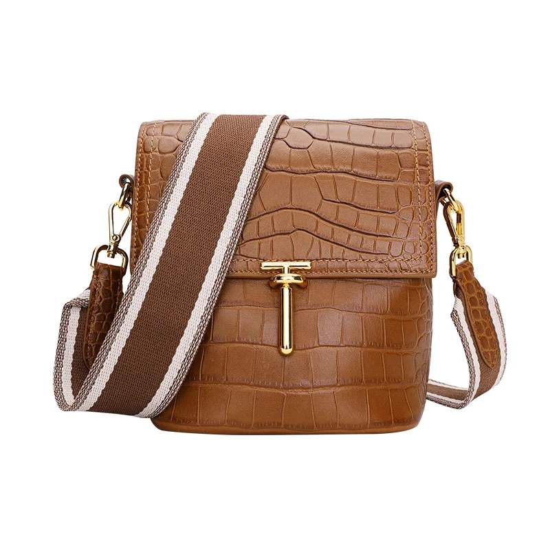 

PASTE Genuine Leather Messenger Bag for Women Fashion Small Bucket Bags Crocodile Pattern Handbag Wide Strap Shoulder Bags