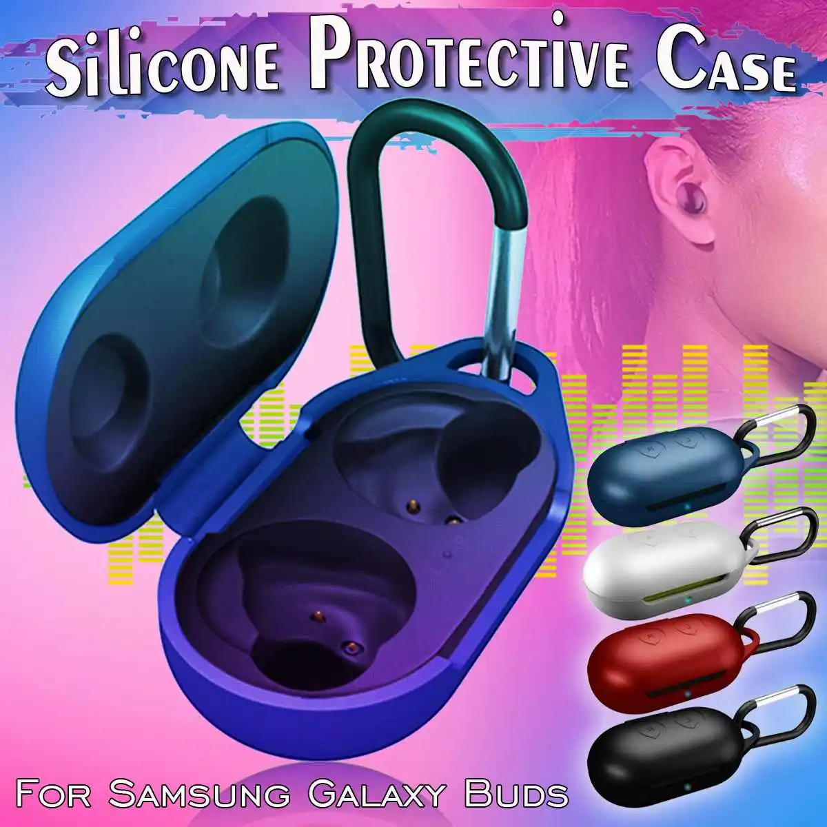 

Protective Case Earphone Cover Flip-open Silicone Case Waterproof Shockproof Cases with Carabiner for Samsung for Galaxy Buds