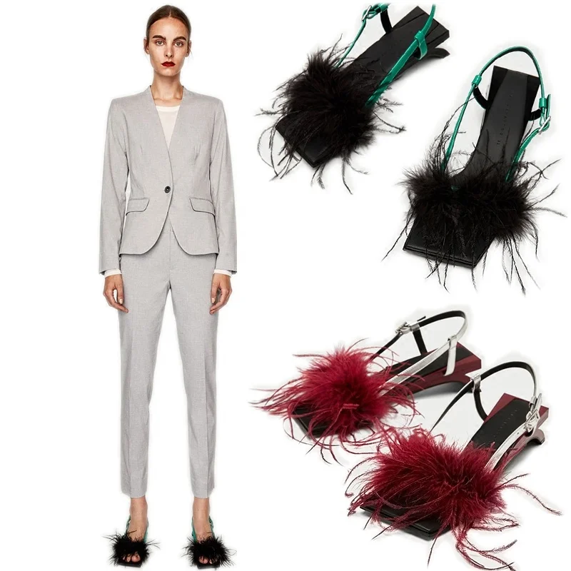 

Women Fashion Fur Feather Furry Irregular Strange Heel Buckle Sandals Chic Modern Elegant Shoes Slingback Peep Toe A863