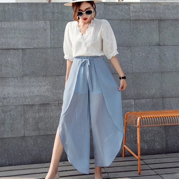 Women Loose Chiffon Wide Leg Pants Casual High Waist Ruffle Boho ...