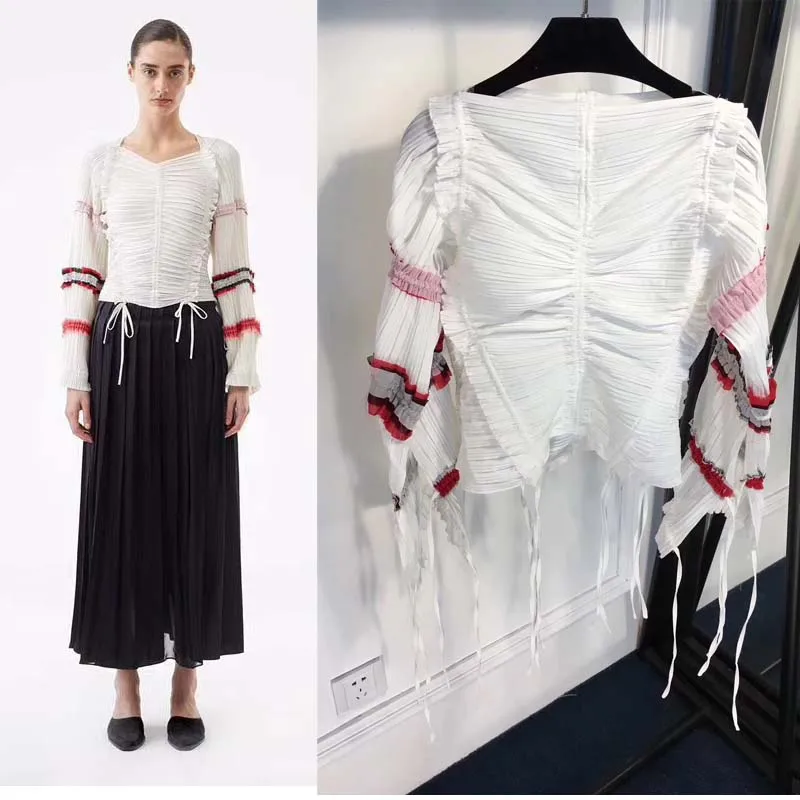 Vetement femme Скидка белая плиссированная Женская Туника Мода fring Дизайн топы высокого класса с длинным рукавом укороченный топ странные вещи