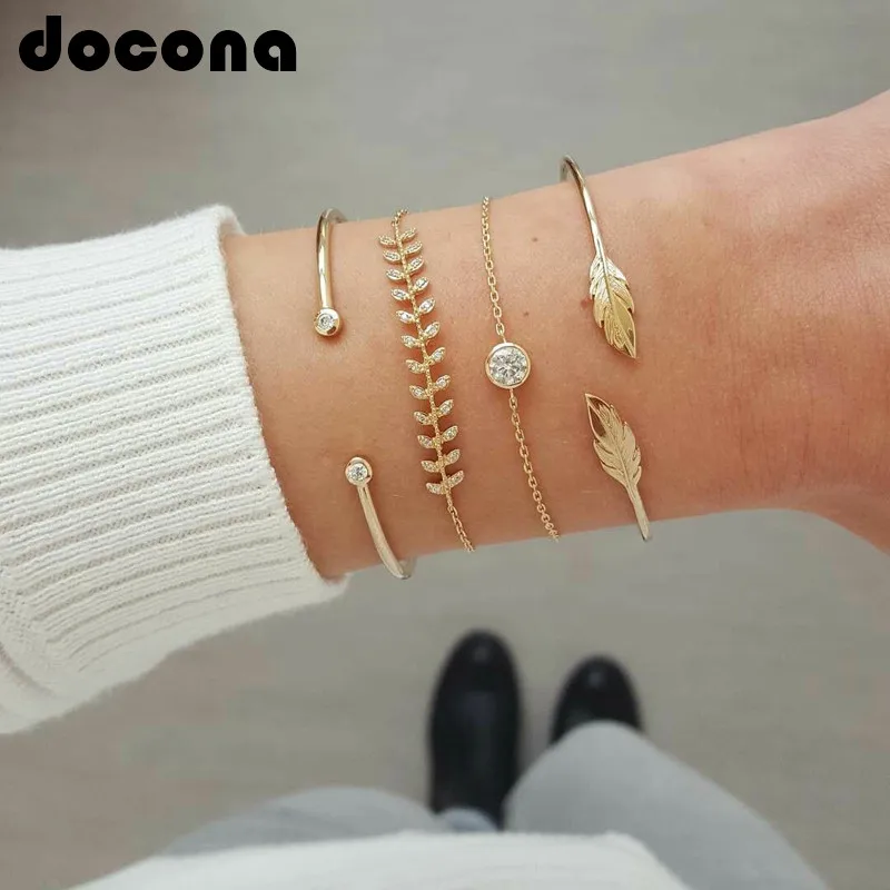 

docona Trendy Gold Color Crystal Leaf Bracelet Set for Women Open Adjustable Bracelets Bangle Party Jewelry 6885