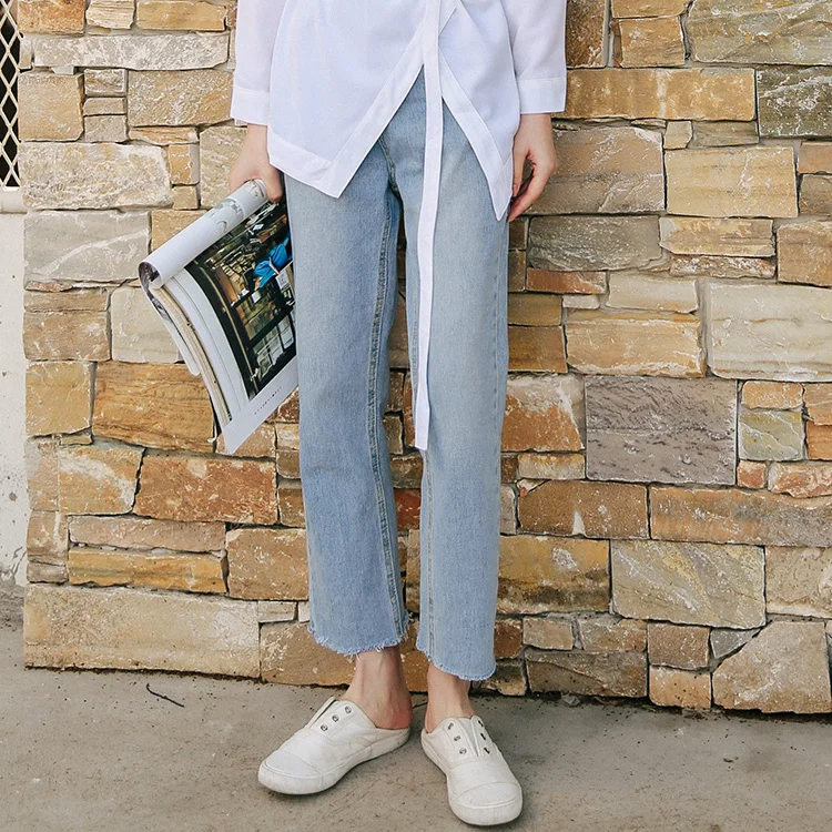 

Spring/Autumn New Fashion Female Denim Pants Straight Leg Women Cotton Trousers Loose Button Fly Empire Fringed Jeans Wholesale
