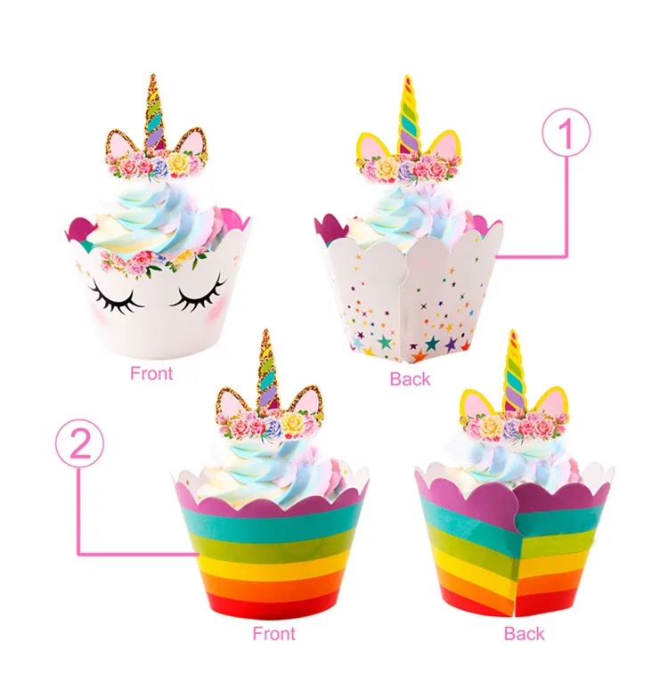 

24pcs Cartoon Unicorn Horse Cupcake Wrappers Topper Kids Best Quality Birthday Par Supplies Wedding Baby Shower Party Cake Set