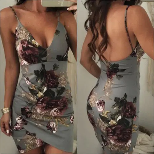 

Women Floral Spaghetti strap Deep V Neck Sleeveless Bodycon Front irregular Ladies Party Mini Pencil Dress