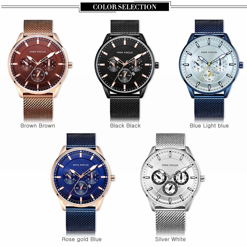MINI FOCUS-Relógio de quartzo de luxo masculino, aço, azul, impermeável, relógio de pulso, vestido masculino, relógio casual, marca superior, moda