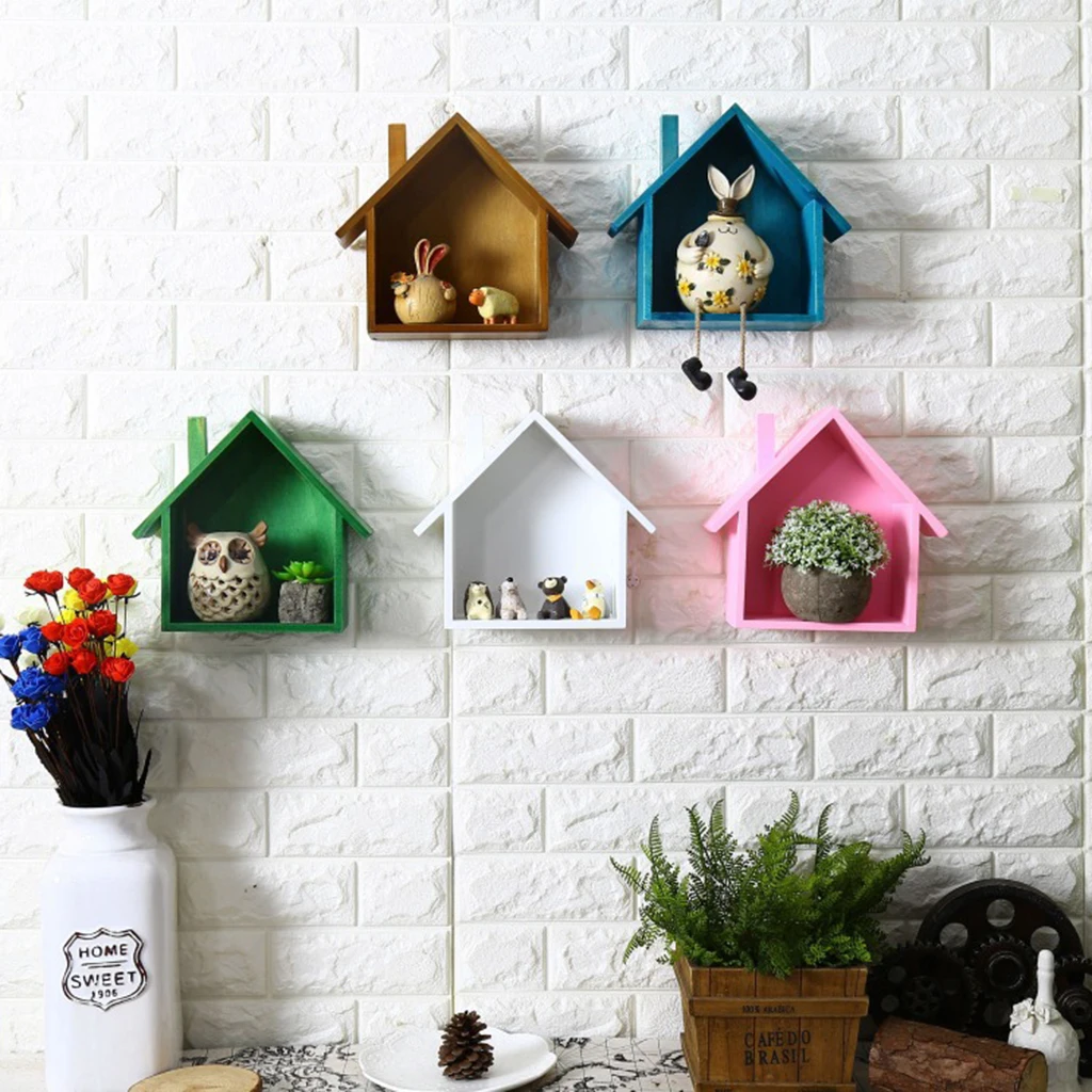 House Shape Wood Wall Shelf Display Hanging Shelving No Finish for Bedroom Kids' Room Decorations