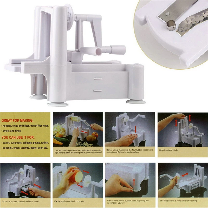 1Set New and Essential Tri-Blade Vegetable Slicer Hand-Cranked Spiralizer Cutter Mandoline Chopper Cooking Tools Kitchen Knife